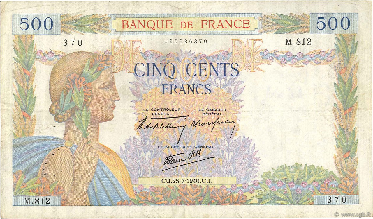 500 Francs LA PAIX FRANKREICH  1940 F.32.05 fSS