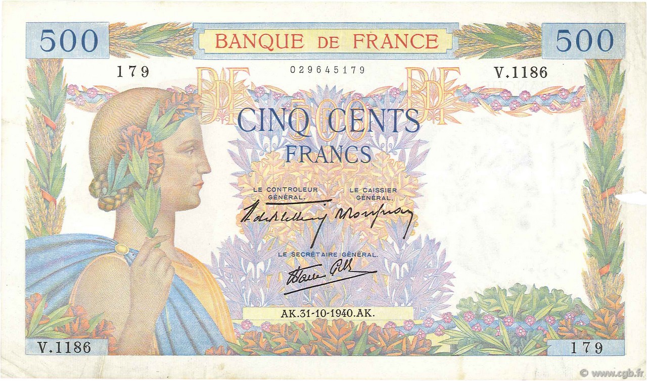 500 Francs LA PAIX FRANCE  1940 F.32.08 VF