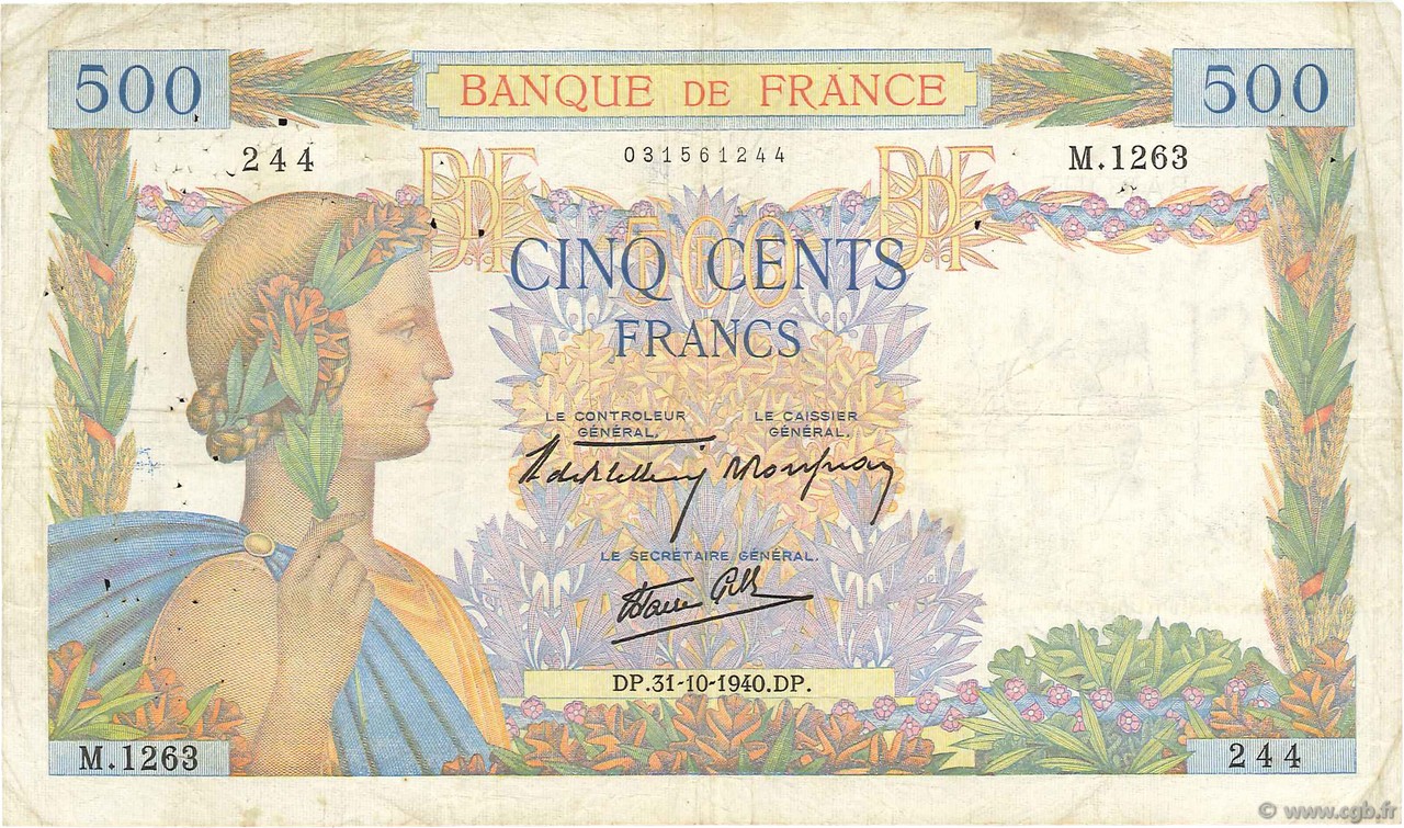 500 Francs LA PAIX FRANKREICH  1940 F.32.08 S
