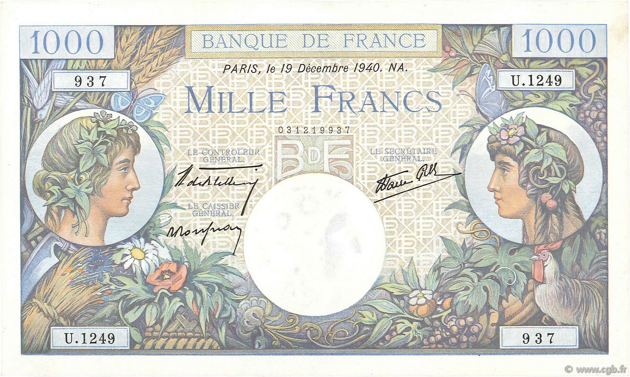 1000 Francs COMMERCE ET INDUSTRIE FRANCE  1940 F.39.03 AU
