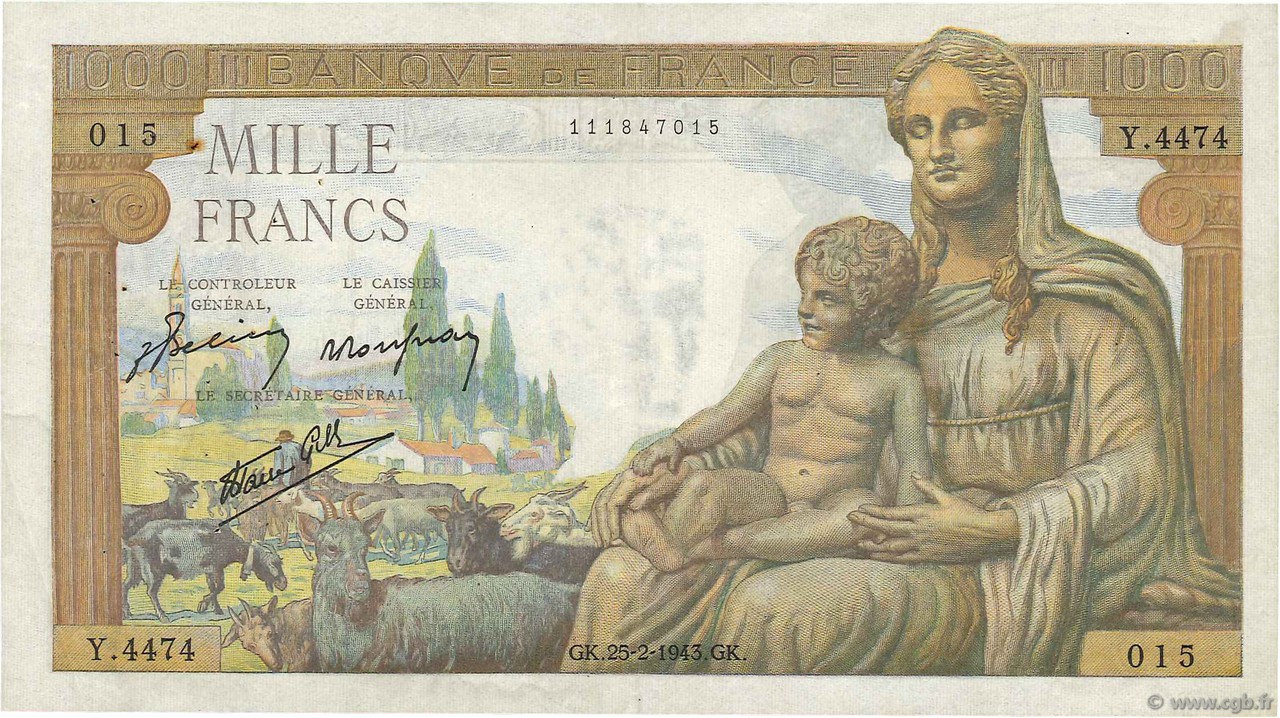 1000 Francs DÉESSE DÉMÉTER FRANCE  1943 F.40.20 TTB