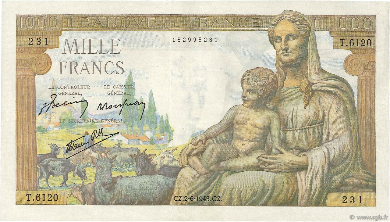 1000 Francs DÉESSE DÉMÉTER FRANKREICH  1943 F.40.26 fVZ