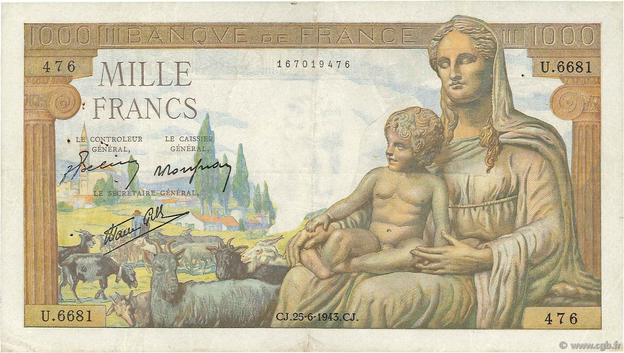 1000 Francs DÉESSE DÉMÉTER FRANKREICH  1943 F.40.28 SS