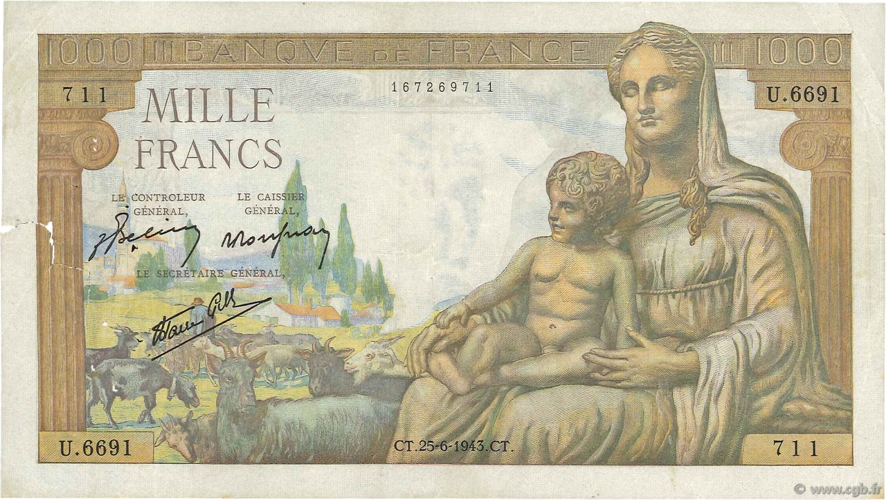 1000 Francs DÉESSE DÉMÉTER FRANCE  1943 F.40.28 F