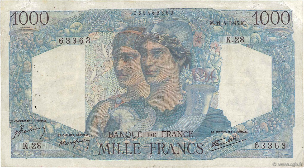 1000 Francs MINERVE ET HERCULE FRANCIA  1945 F.41.03 MB