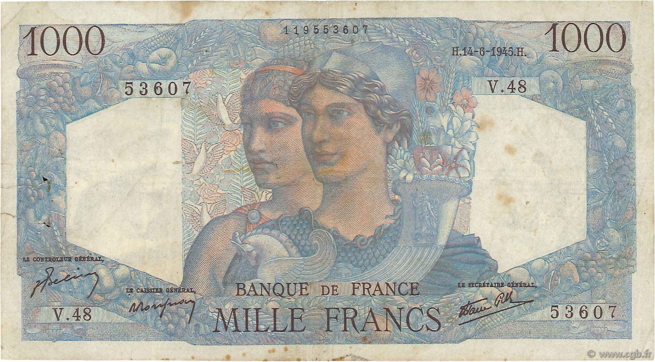 1000 Francs MINERVE ET HERCULE FRANCE  1945 F.41.04 VG