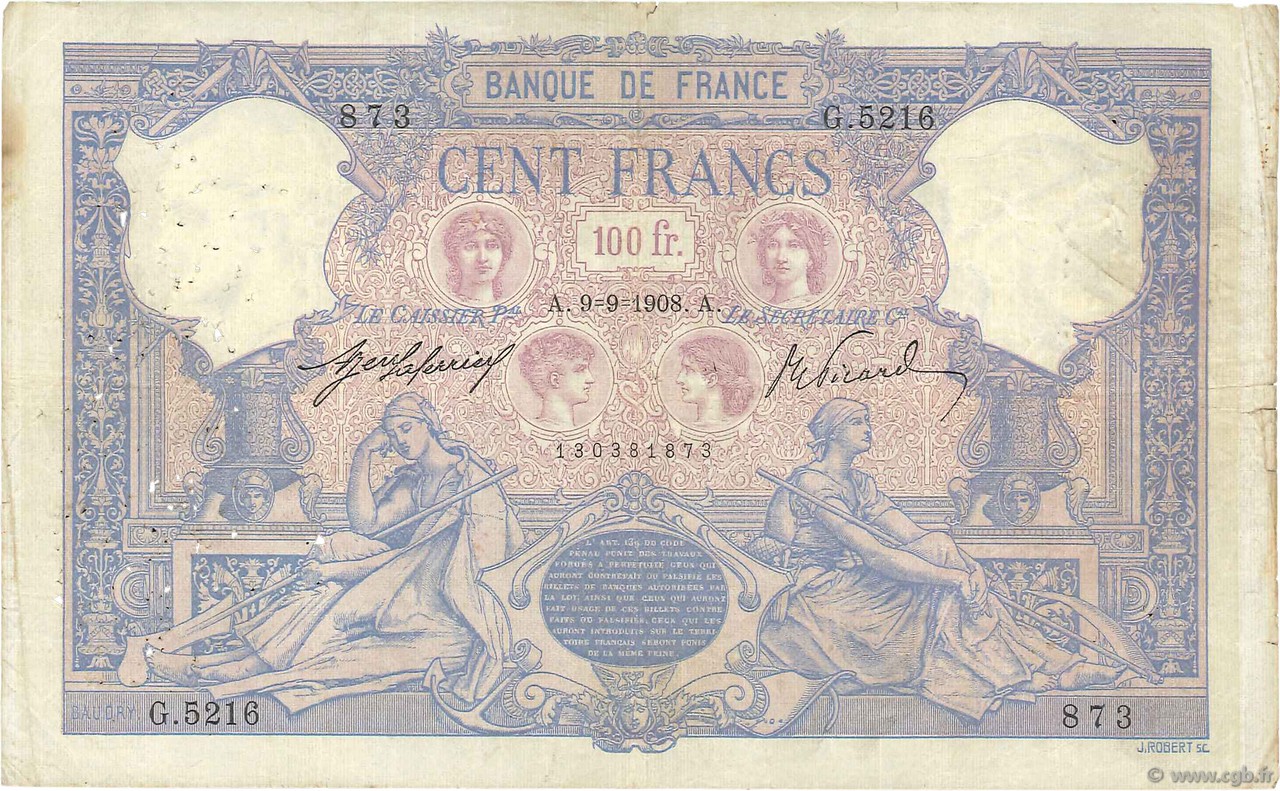 100 Francs BLEU ET ROSE FRANCIA  1908 F.21.23 BC