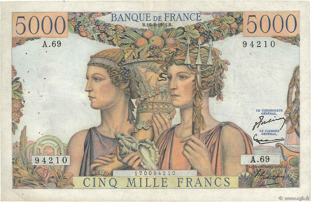 5000 Francs TERRE ET MER FRANKREICH  1951 F.48.05 fSS
