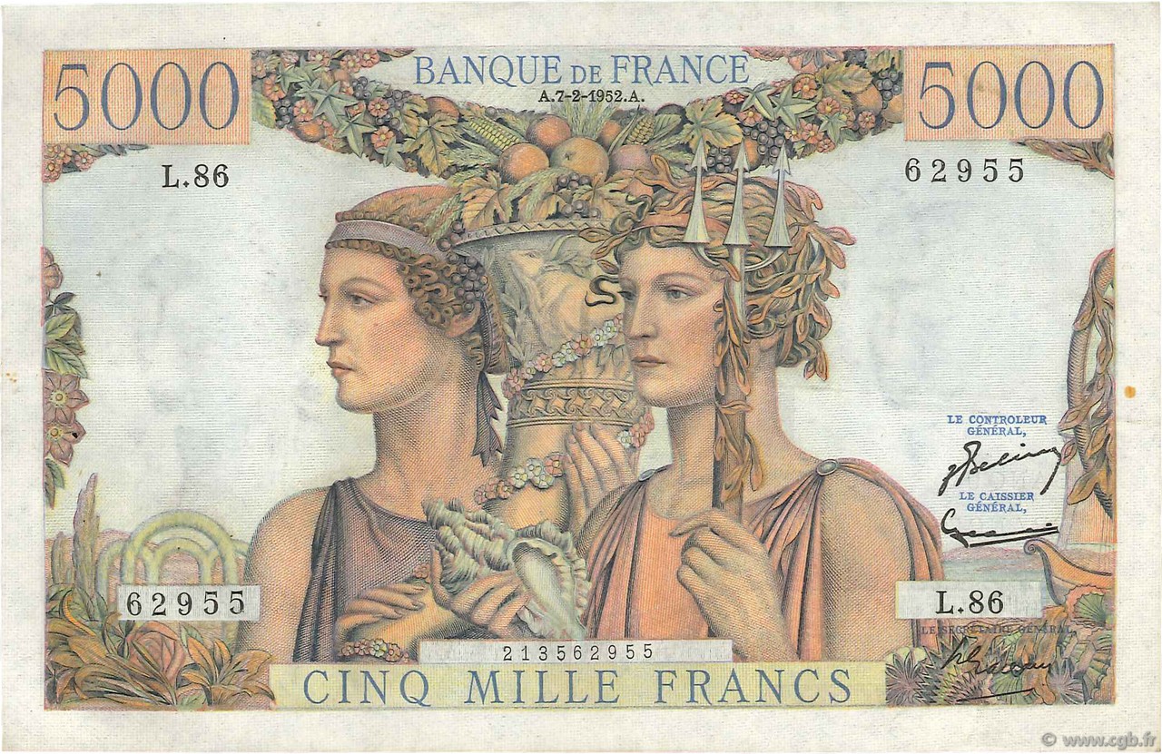 5000 Francs TERRE ET MER FRANCE  1952 F.48.06 VF - XF