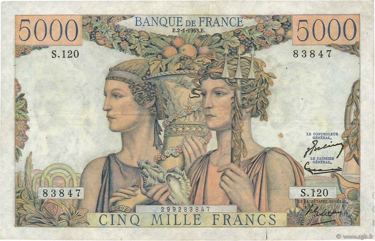 5000 Francs TERRE ET MER FRANKREICH  1953 F.48.08 SS