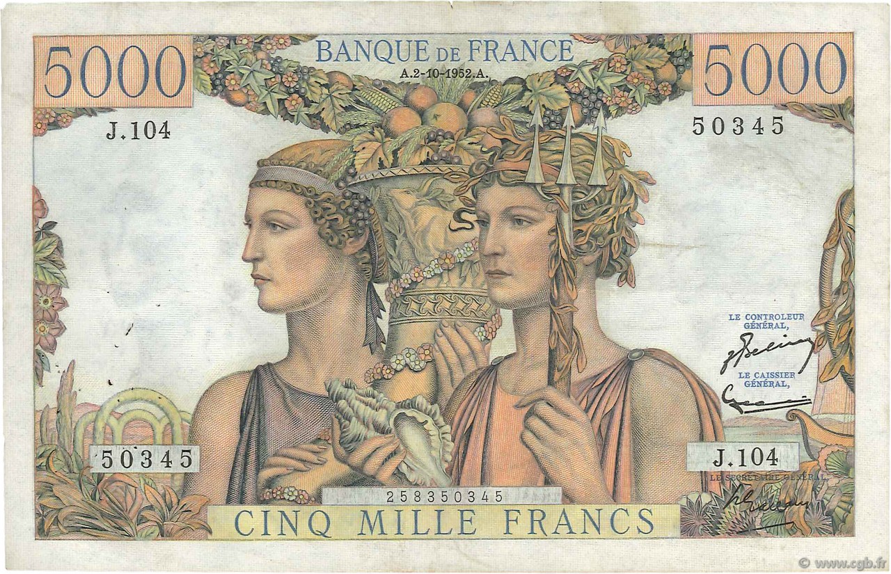 5000 Francs TERRE ET MER FRANCE  1952 F.48.07 VF