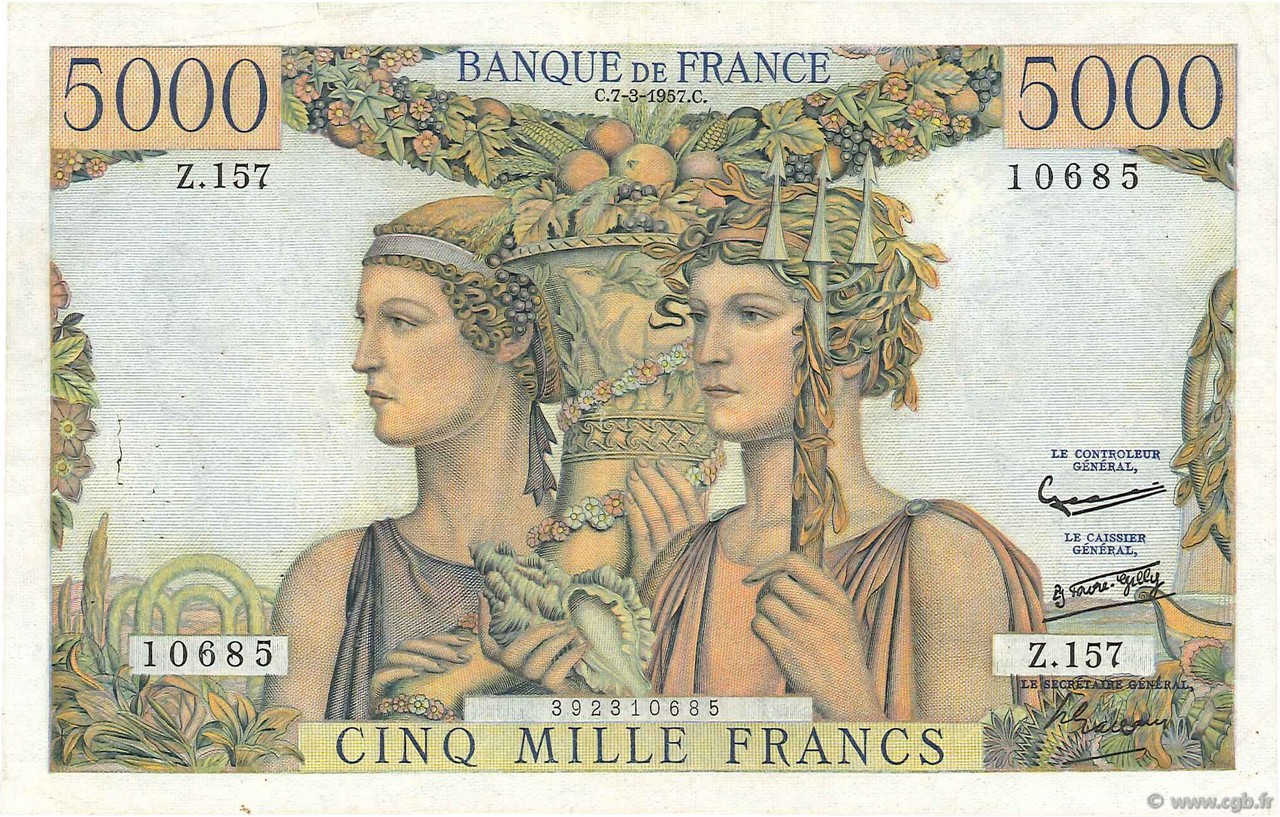 5000 Francs TERRE ET MER FRANKREICH  1957 F.48.13 SS