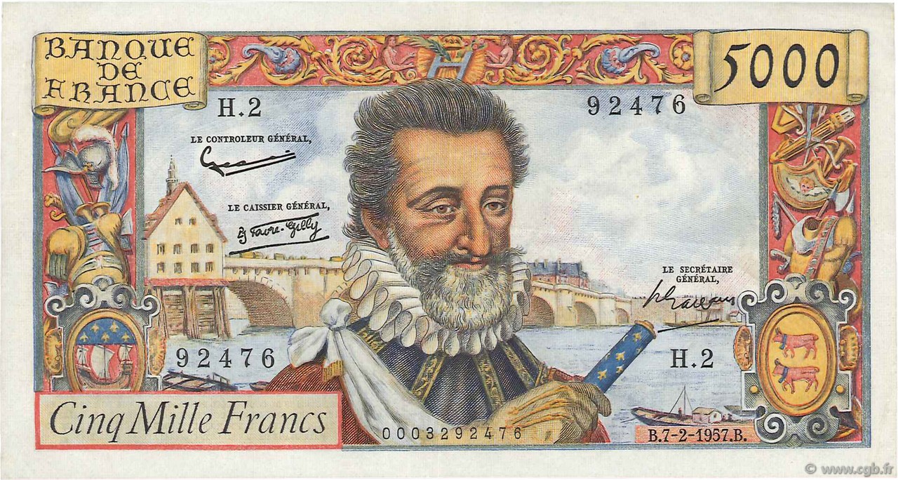 5000 Francs HENRI IV FRANCE  1957 F.49.01 TTB+