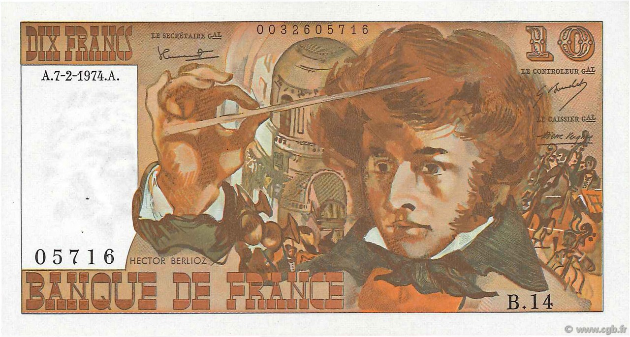 10 Francs BERLIOZ FRANCE  1974 F.63.03 XF+