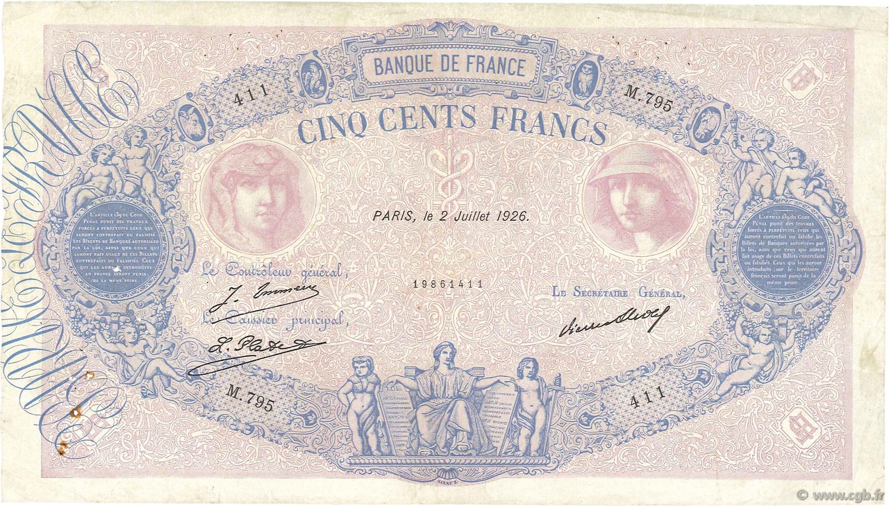 500 Francs BLEU ET ROSE FRANCE  1926 F.30.29 F+