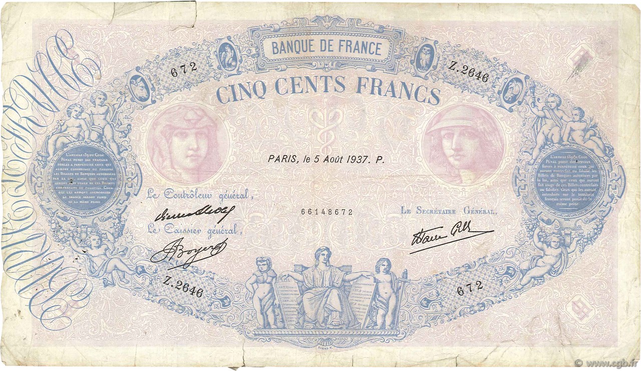 500 Francs BLEU ET ROSE modifié FRANCE  1937 F.31.01 G