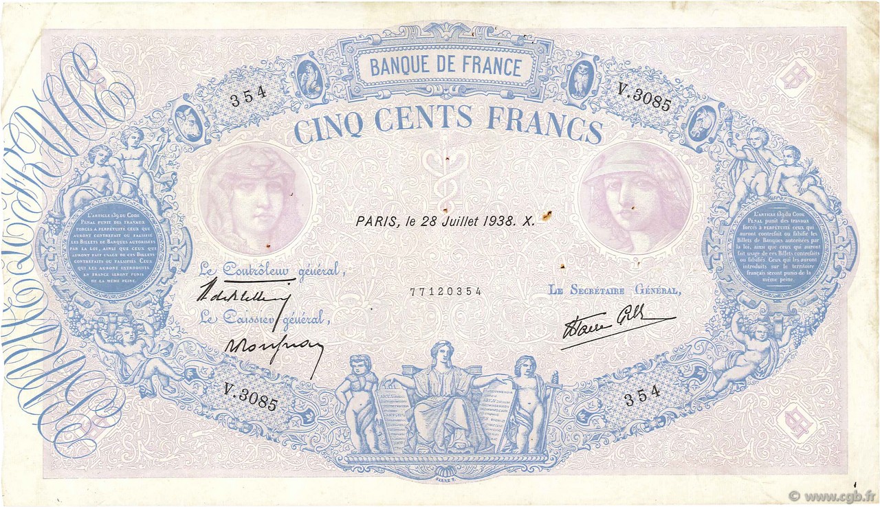 500 Francs BLEU ET ROSE modifié FRANKREICH  1938 F.31.19 SS