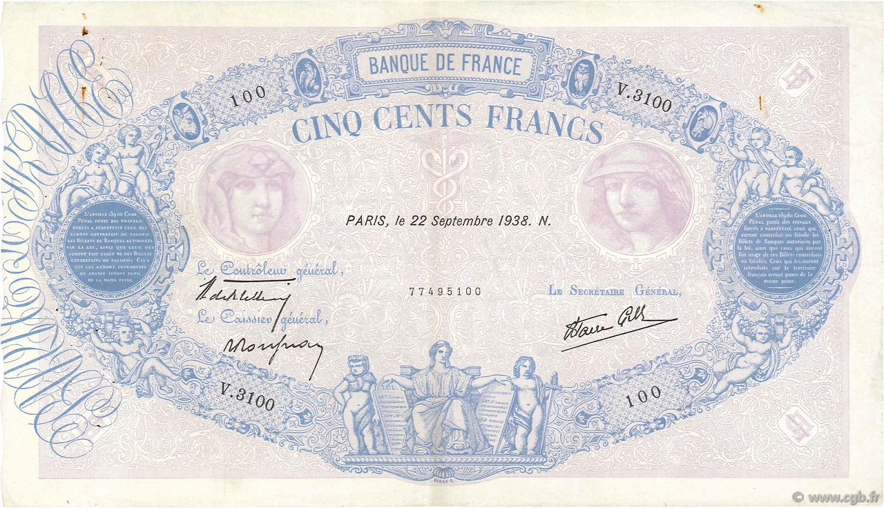 500 Francs BLEU ET ROSE modifié FRANKREICH  1938 F.31.20 SS