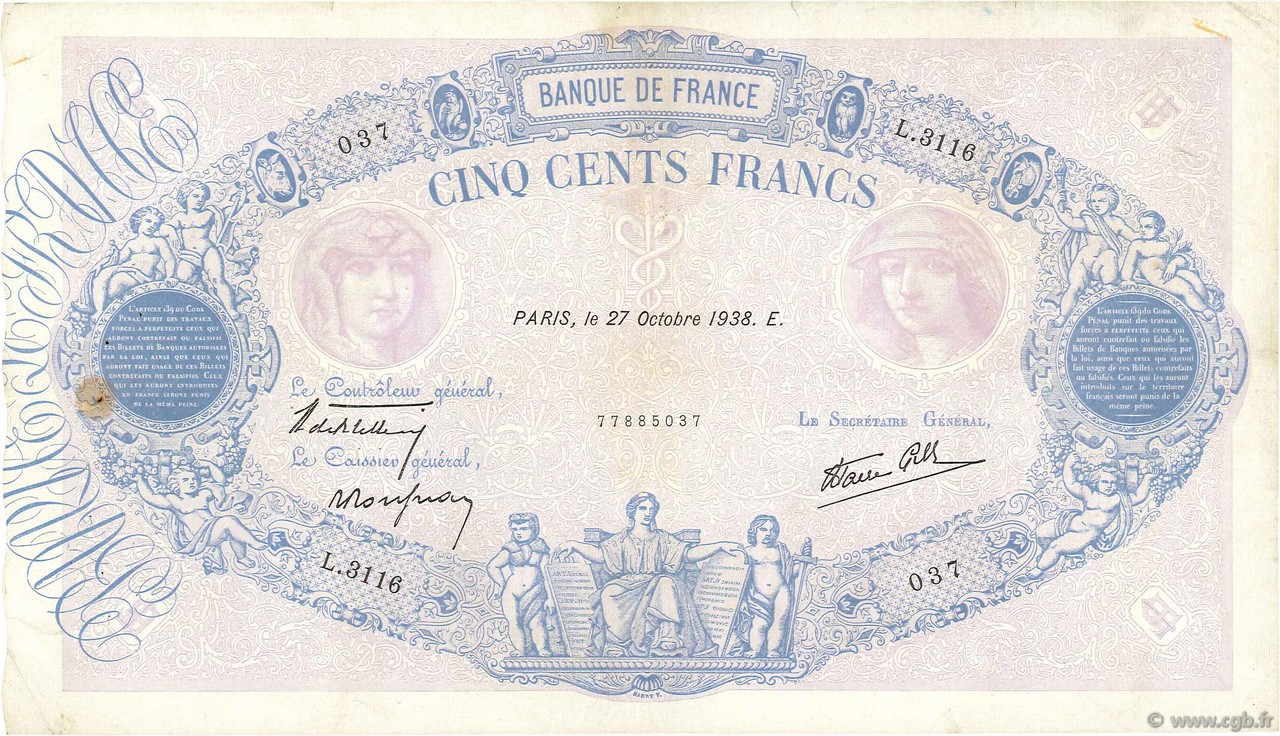 500 Francs BLEU ET ROSE modifié FRANCIA  1938 F.31.21 MB