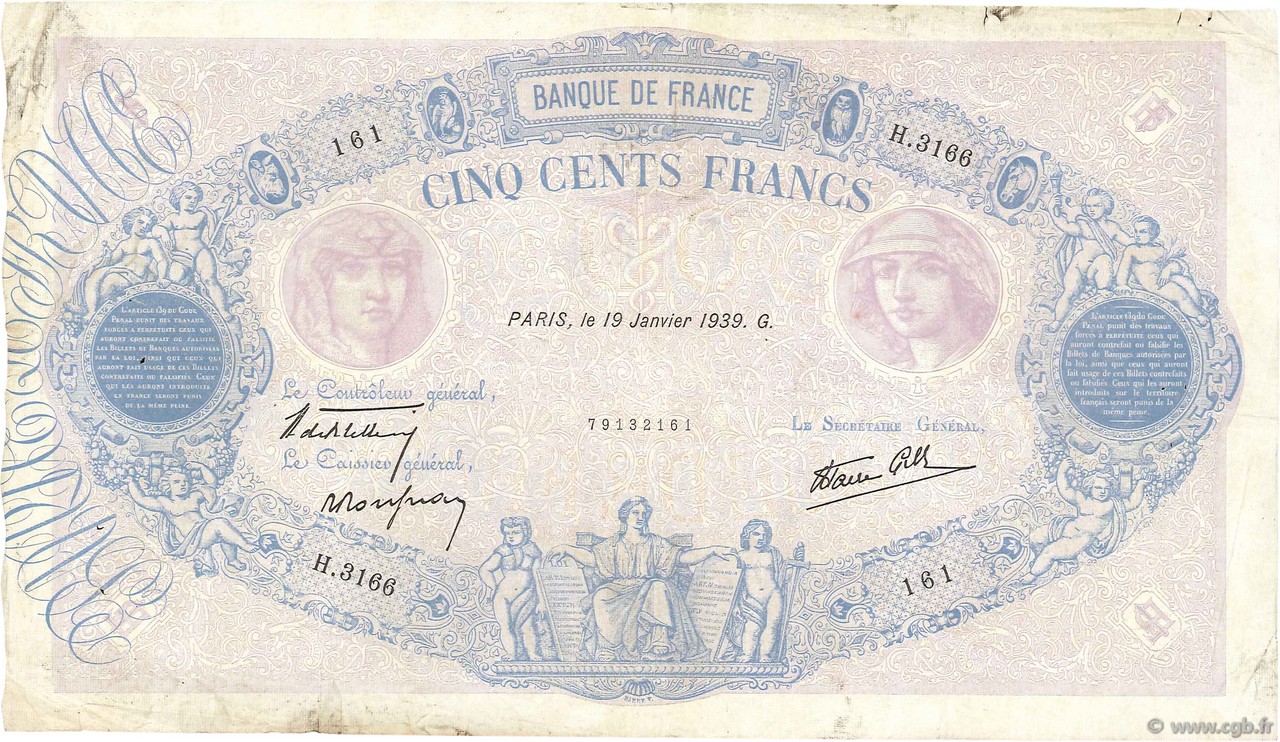 500 Francs BLEU ET ROSE modifié FRANCIA  1939 F.31.23 q.BB