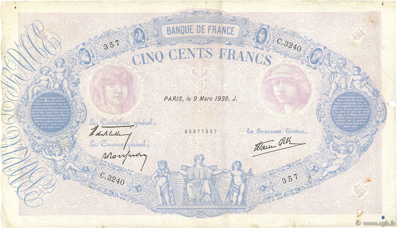 500 Francs BLEU ET ROSE modifié FRANCIA  1939 F.31.26 RC+