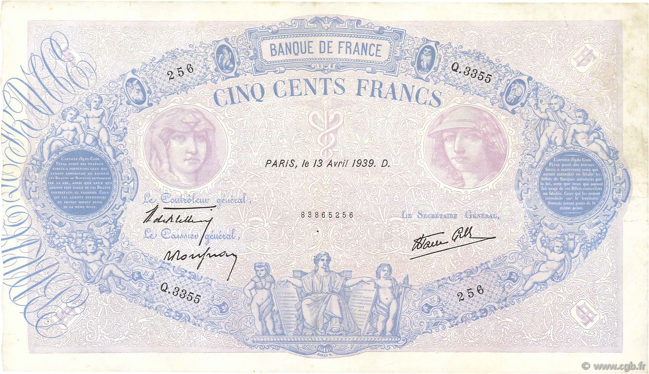 500 Francs BLEU ET ROSE modifié FRANCIA  1939 F.31.31 BB