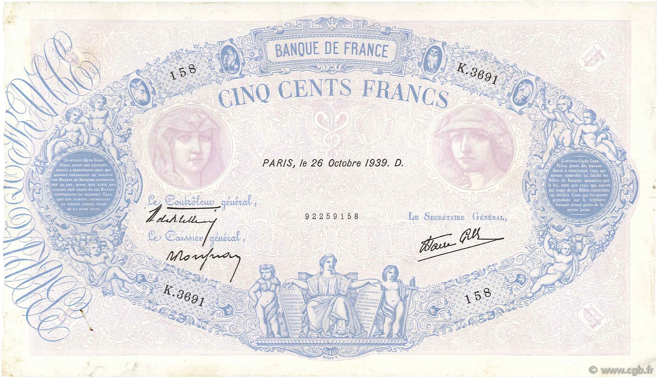 500 Francs BLEU ET ROSE modifié FRANCIA  1939 F.31.45 MBC