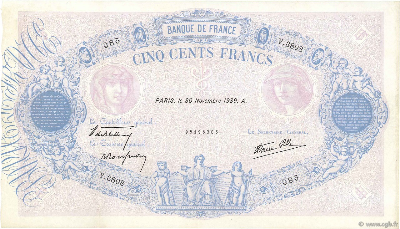 500 Francs BLEU ET ROSE modifié FRANCIA  1939 F.31.50 MBC+