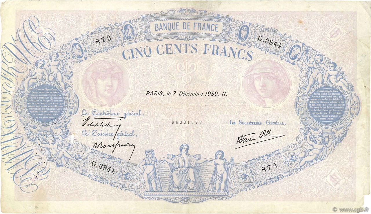 500 Francs BLEU ET ROSE modifié FRANCIA  1939 F.31.51 BC