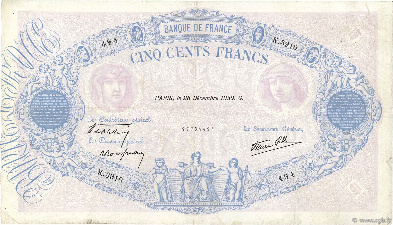 500 Francs BLEU ET ROSE modifié FRANCIA  1939 F.31.54 BC+