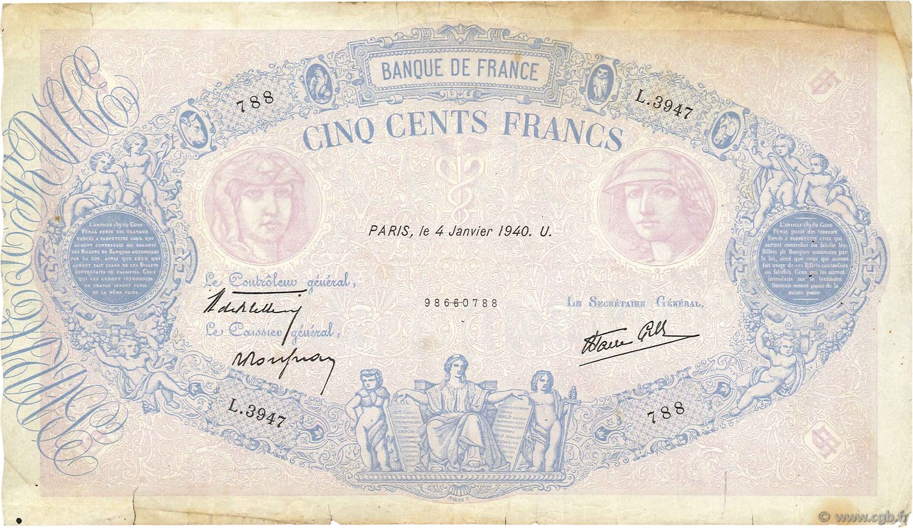 500 Francs BLEU ET ROSE modifié FRANCIA  1940 F.31.55 MB