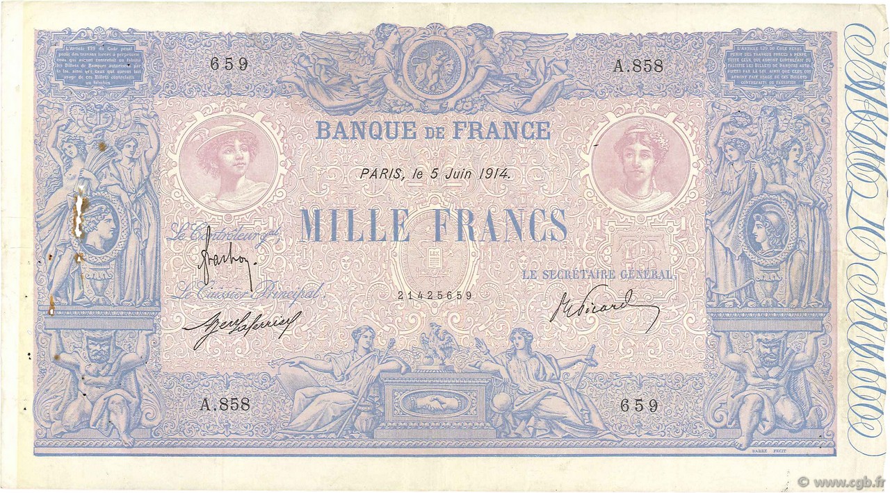 1000 Francs BLEU ET ROSE FRANCIA  1914 F.36.28 BC+