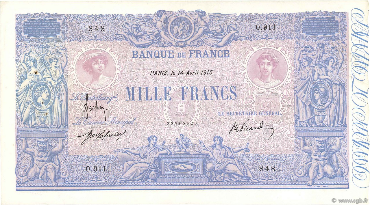 1000 Francs BLEU ET ROSE FRANCE  1915 F.36.29 VF+