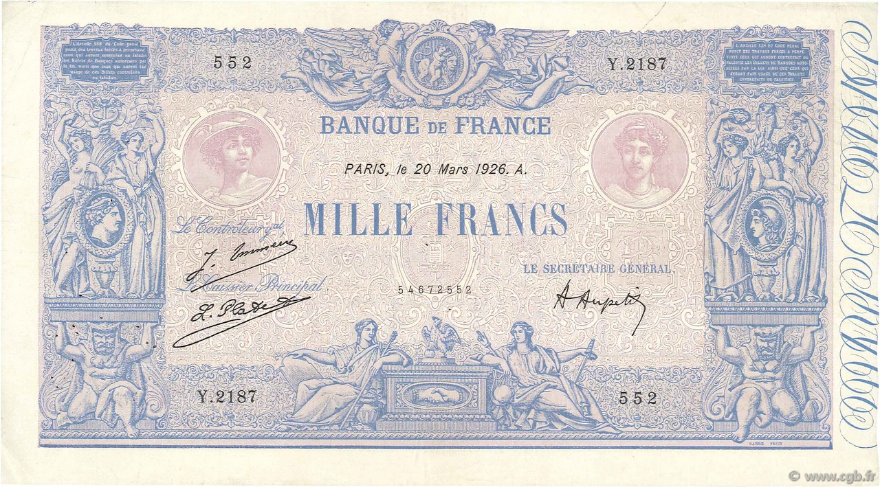 1000 Francs BLEU ET ROSE FRANCE  1926 F.36.42 VF