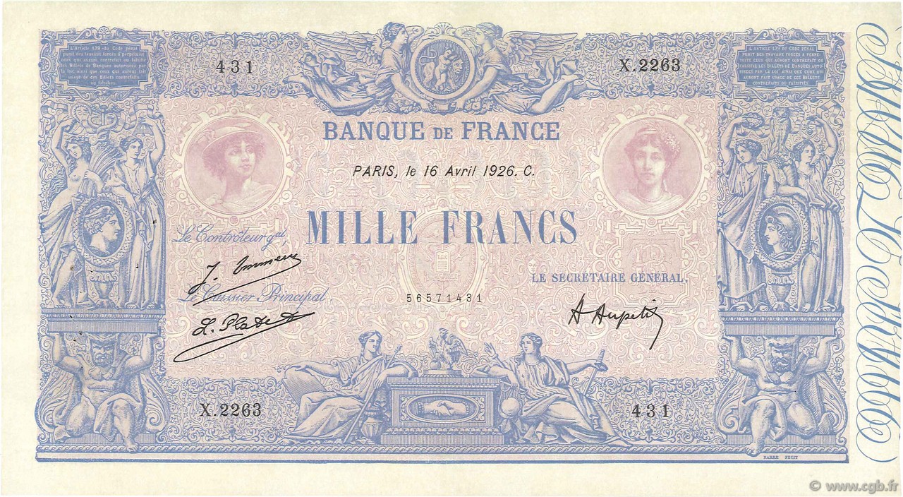 1000 Francs BLEU ET ROSE FRANCE  1926 F.36.42 VF+