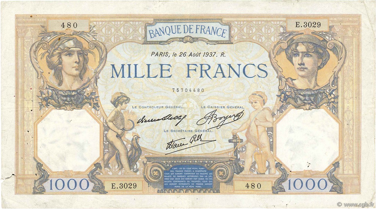 1000 Francs CÉRÈS ET MERCURE type modifié FRANKREICH  1937 F.38.03 S