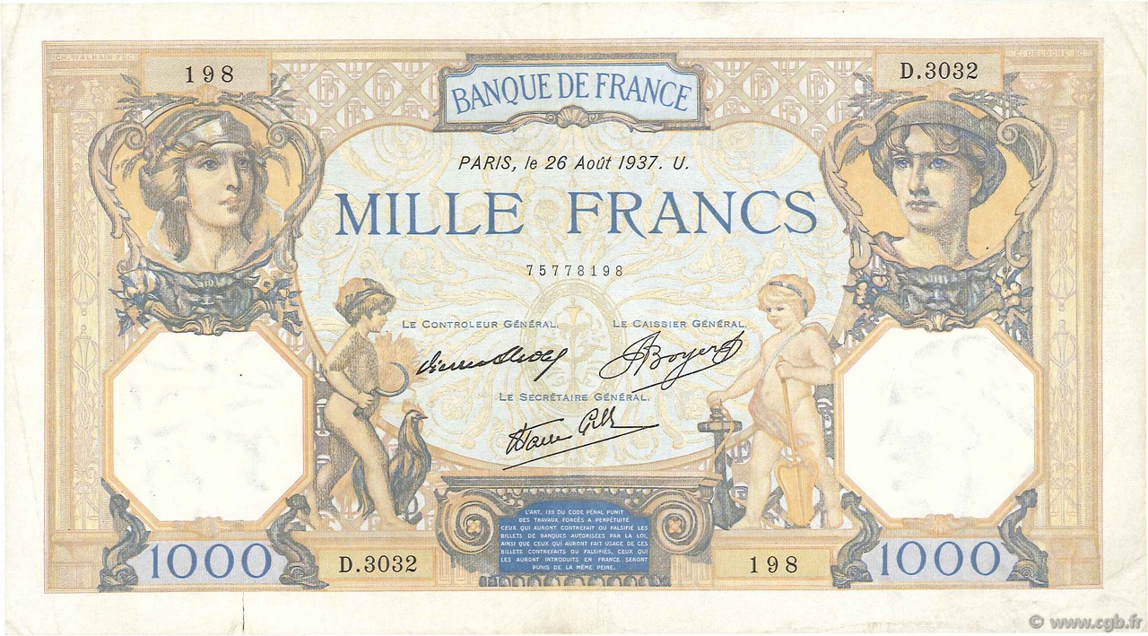 1000 Francs CÉRÈS ET MERCURE type modifié FRANCE  1937 F.38.03 TTB