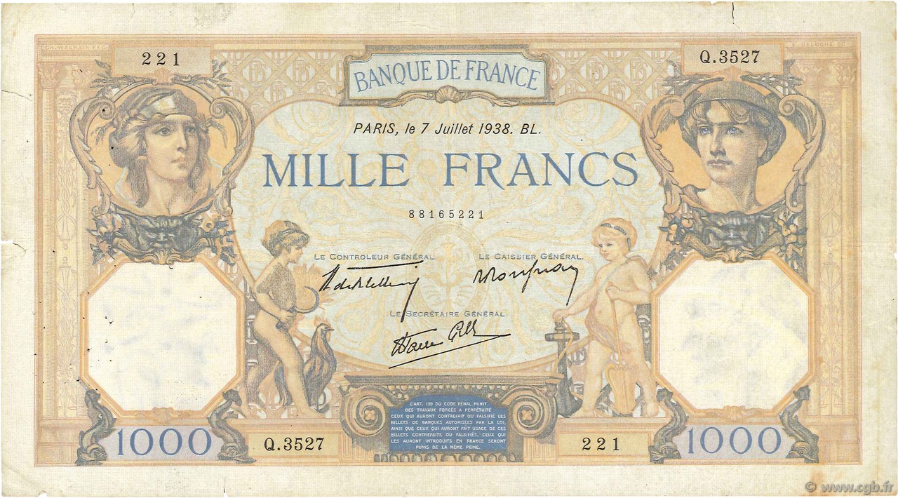 1000 Francs CÉRÈS ET MERCURE type modifié FRANCE  1938 F.38.22 F