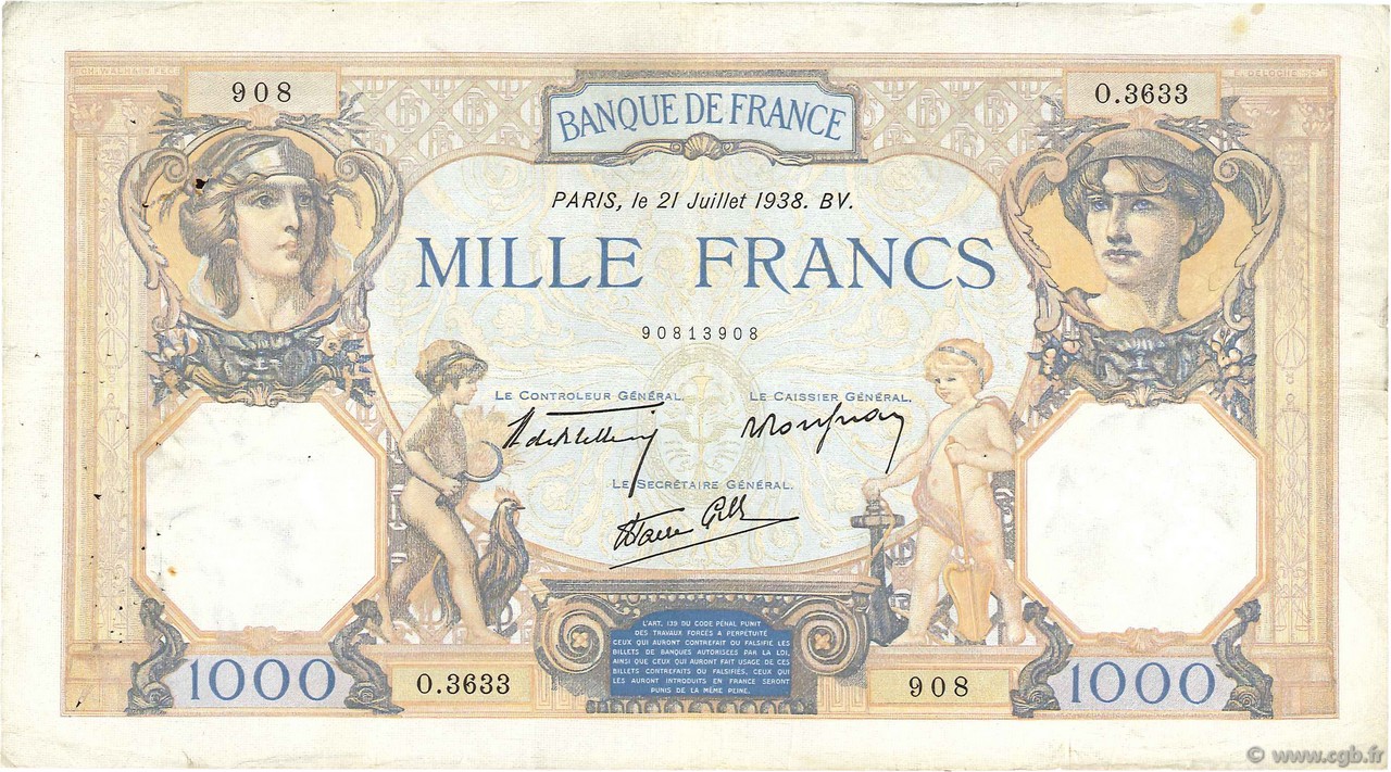 1000 Francs CÉRÈS ET MERCURE type modifié FRANCIA  1938 F.38.24 MBC
