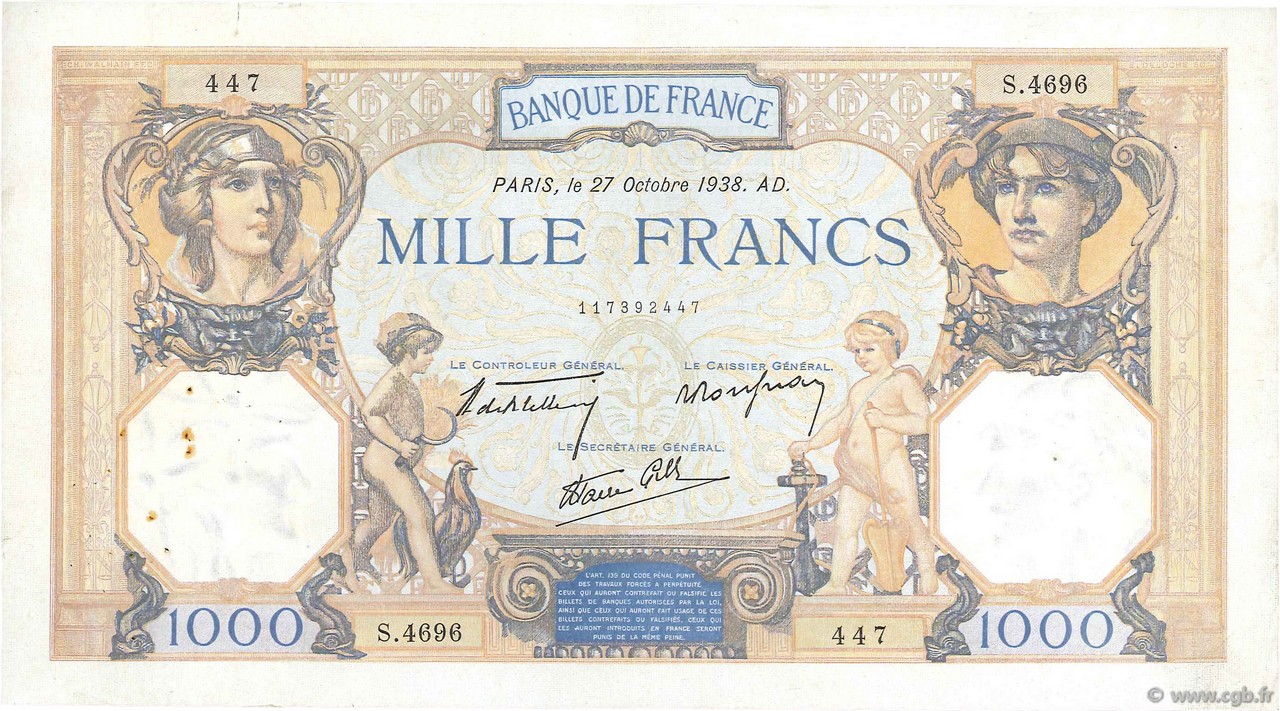 1000 Francs CÉRÈS ET MERCURE type modifié FRANCIA  1938 F.38.31 BB