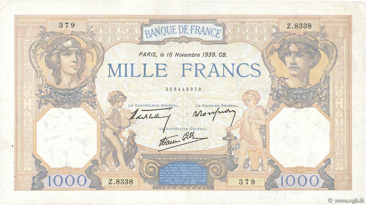 1000 Francs CÉRÈS ET MERCURE type modifié FRANCE  1939 F.38.39 VF+