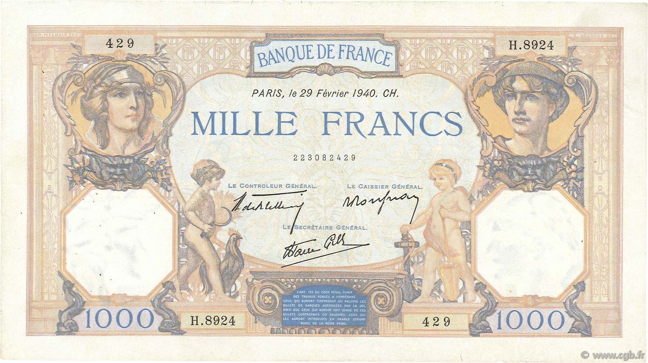 1000 Francs CÉRÈS ET MERCURE type modifié FRANCE  1940 F.38.43 VF