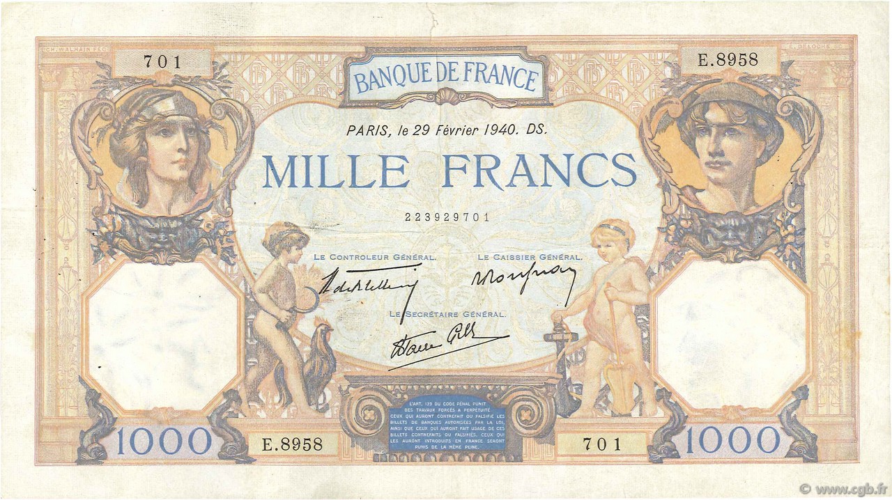 1000 Francs CÉRÈS ET MERCURE type modifié FRANCIA  1940 F.38.43 BC+
