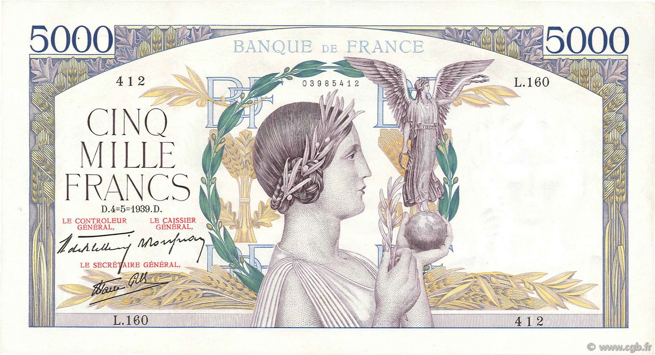 5000 Francs VICTOIRE Impression à plat FRANCE  1939 F.46.05 XF