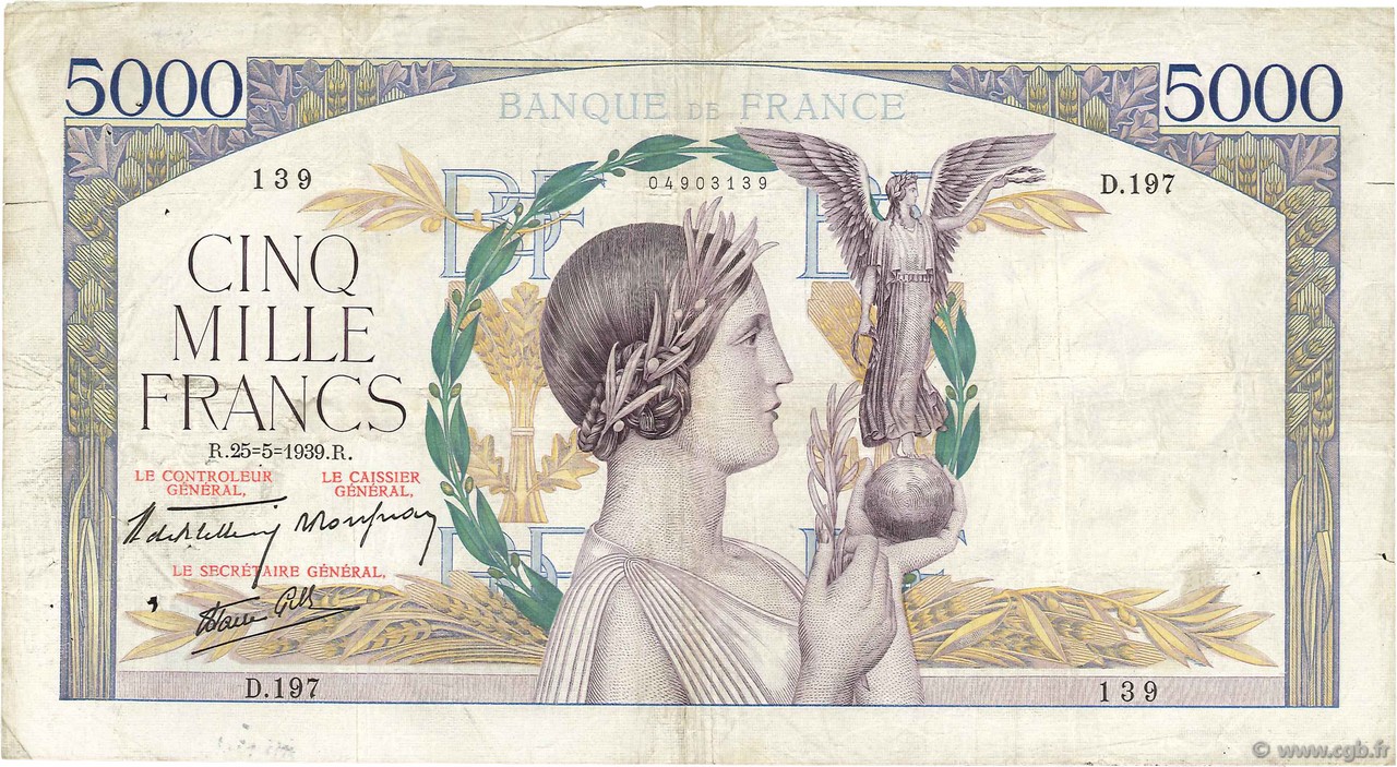 5000 Francs VICTOIRE Impression à plat FRANCIA  1939 F.46.06 MB