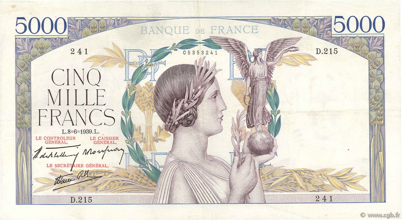 5000 Francs VICTOIRE Impression à plat FRANKREICH  1939 F.46.07 fVZ