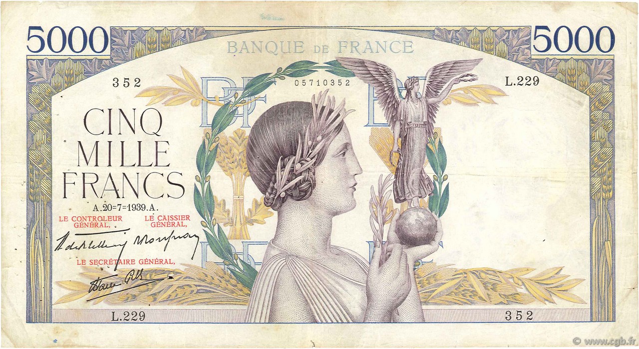 5000 Francs VICTOIRE Impression à plat FRANKREICH  1939 F.46.08 S