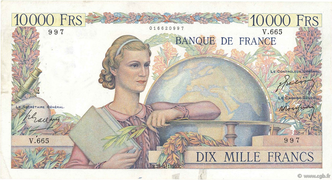 10000 Francs GÉNIE FRANÇAIS FRANCE  1950 F.50.28 VF-