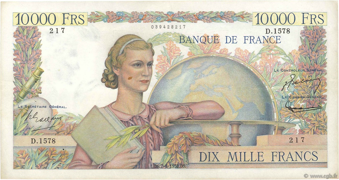 10000 Francs GÉNIE FRANÇAIS FRANKREICH  1951 F.50.51 SS