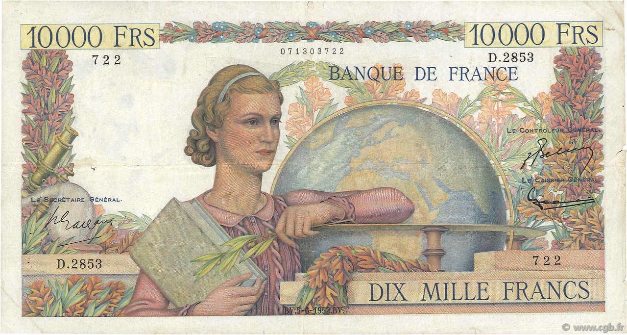 10000 Francs GÉNIE FRANÇAIS FRANKREICH  1952 F.50.59 S